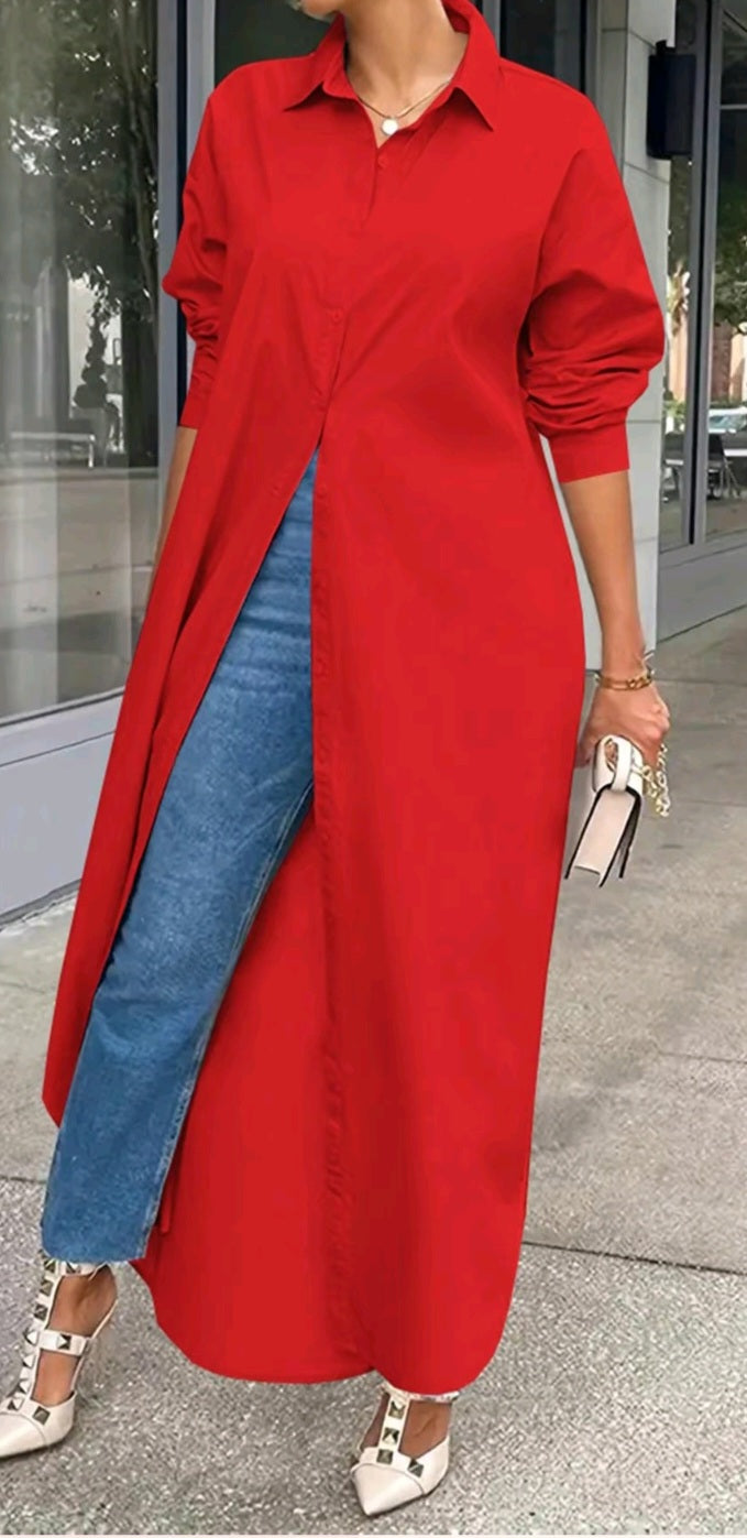 Red Floor Length Shirt Dress